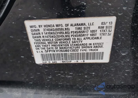 2013 Honda Ridgeline Rt from USA, damaged, VIN 5FPYK1F26DB013832